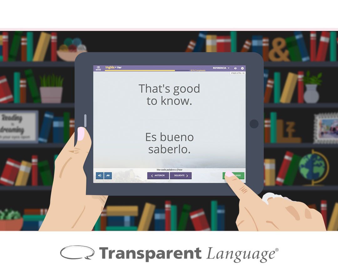 a graphic illustration of someone using a transparent language app on a tablet