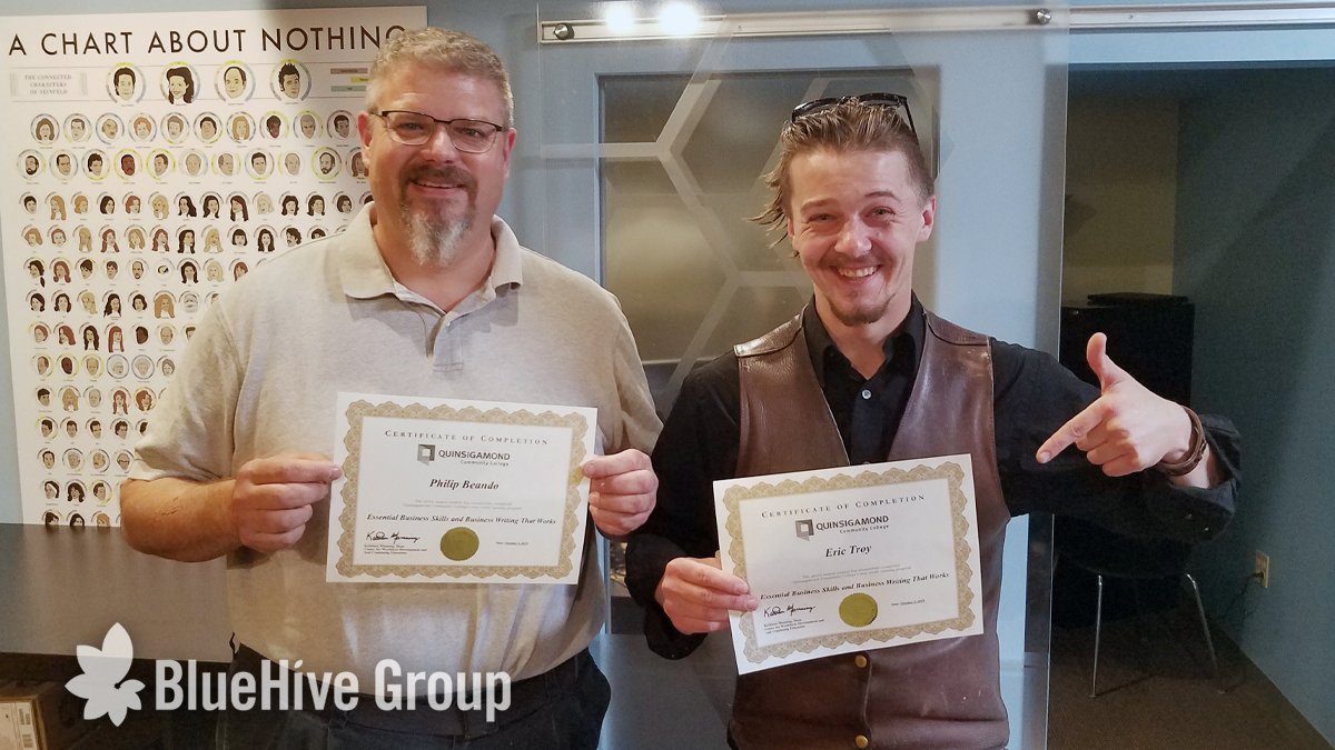 bluehivegroup's tweet photo. Our Hivers have been getting extra education these past few weeks thanks to @Quinsig's Soft Skills for the Workplace Workshops! 

Phil and Eric finished their first 16-hour course and received these awesome certifications! 

Congrats Hivers, and a special thanks to QCC! https://t.co/RkeSujDsVV