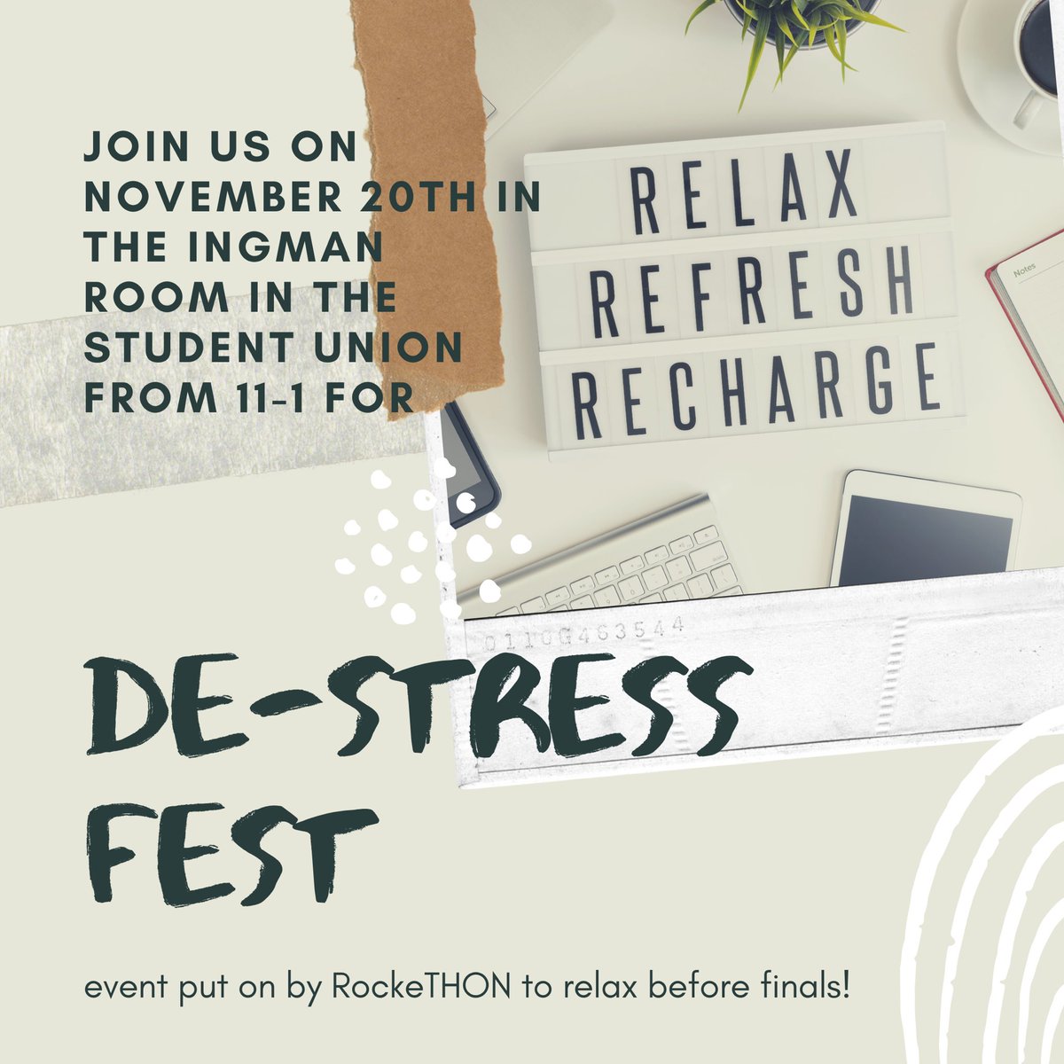 UTRockeTHON's tweet image. UPDATE‼️ Join us in the Ingman Room from 11-1 tomorrow for De-Stress Fest! There will be free food, a dog, and our Miracle Kiddo Gunner along with some relaxation stations! Stop by to relax before finals! #rockethon #utoledo #destressfest