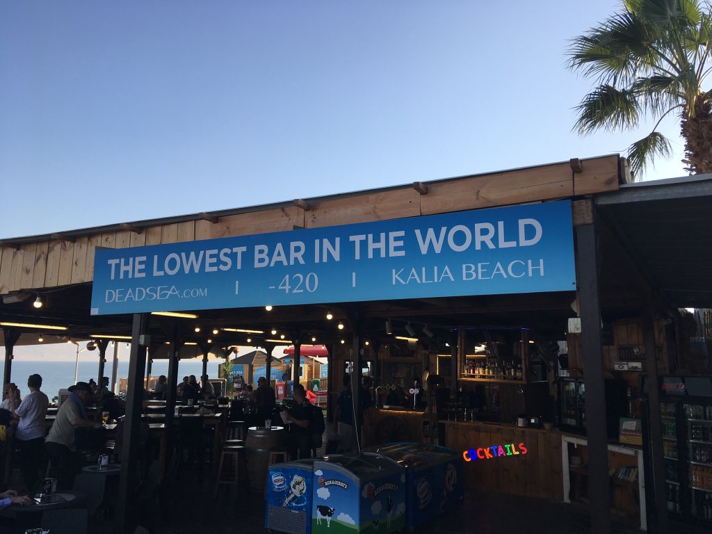 PeteEveritt's tweet photo. Today I have been mostly floating in the dead see! Followed by a lovely pint at the lowest bar in the world! https://t.co/3bXDcYyEgH
