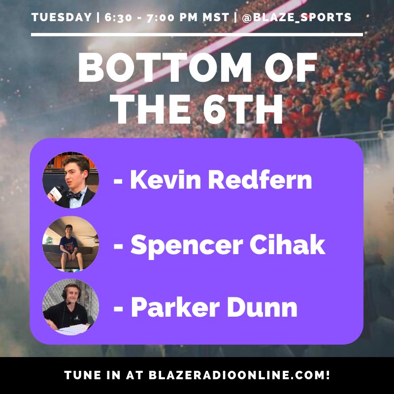 BOT6th's tweet photo. Last full week of Bottom of the 6th for the first semester! Tune into Tuesday’s cast at 6:30 PM MST.
 
@KevinMRedfern13
@SpencerCihak
@AthleticsFan22

📻 https://t.co/FEsFDXVTNT https://t.co/eF7JX8YM1s
