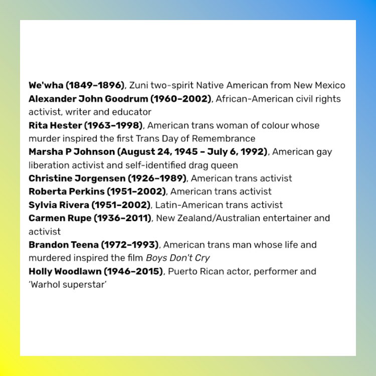 queertown_'s tweet image. Today is Trans Day of Remembrance - a time to honour trans folk murdered through transphobia. There have been *331* of these murders in 2019 alone. In light of TDoR, take a moment to acknowledge the faces &amp;amp; names of these trailblazers who shaped our community through history 💗💙