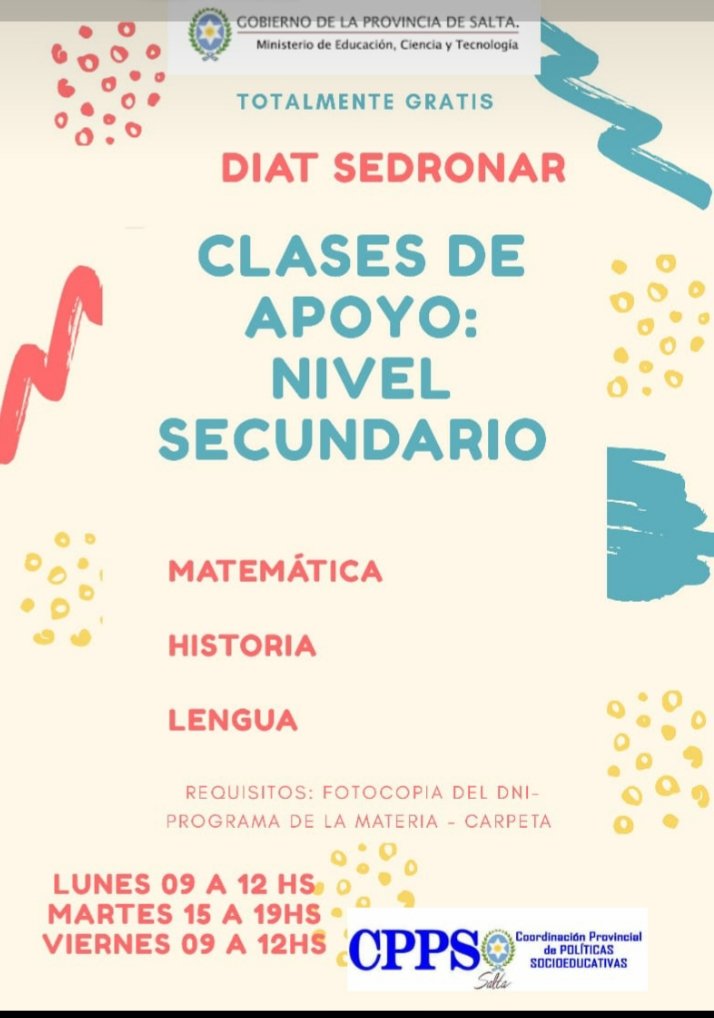 Clases de apoyo en sedronar <a href="/fguillesaavedra/">GUILLERMO SAAVEDRA</a> <a href="/UrtubeyJM/">Juan Manuel Urtubey</a> <a href="/MEducacion/">ministerio educacion</a> <a href="/TatIanaaaDiaz/">Tatiana A. Diaz</a> <a href="/SaltaEduca2030/">Salta Educa 2030</a> <a href="/GustavoSaenzOK/">Gustavo Sáenz</a> <a href="/GabineteSalta/">Jefatura de Gabinete</a> <a href="/patriciapinasco/">Patricia Pinasco</a> <a href="/SebahugoBonduri/">Sebastián Bonduri</a>