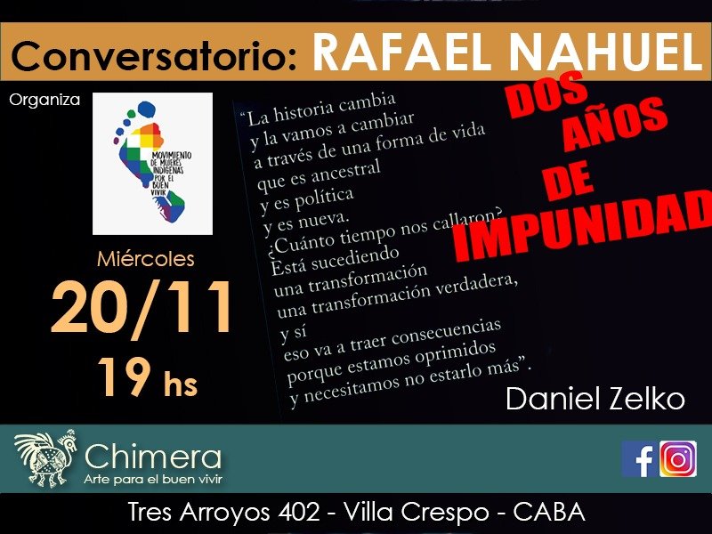 Conversamos con Daniel Zelko acerca de su libro RAFAEL NAHUEL
Mañana les esperamos para compartir la palabra a las 19hs en Chimera. Arte para el Buen Vivir en #VillaCrespo Tres Arroyos 402, #CABA