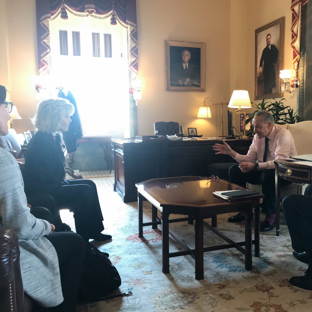 Senator Schumer talks with Jane Fonda.