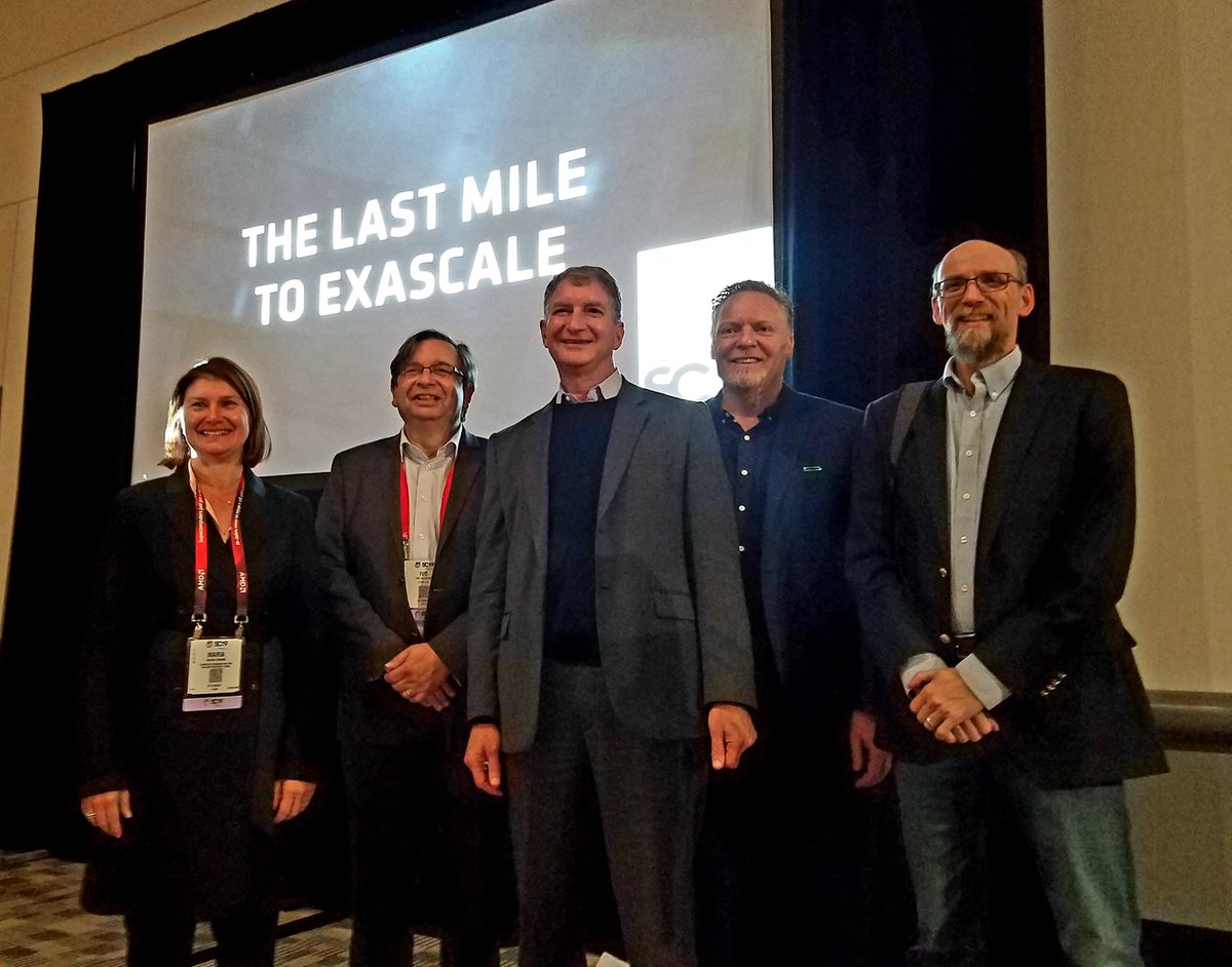 Great #exascale panel at #SC19 moderated by The Next Platform’s Timothy Prickett Morgan. (Left to right: Maria Girone. Ivo Bolsens, Mark P., Steve Scott, TPM)