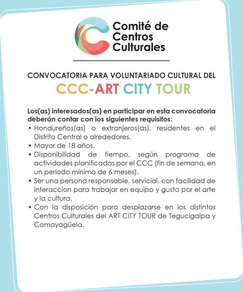 CCCTeg's tweet image. ¿Te interesa ser voluntario del CCC?
Ya se acerca el Art City Tour (domingo 1 de diciembre) y necesitamos voluntarios.
Si tenés disponibilidad el sábado 23 de noviembre de 8 am a 1:30 pm y el domingo 1 de diciembre de 8 am a 6 pm, mandanos un correo como indica la convocatoria.