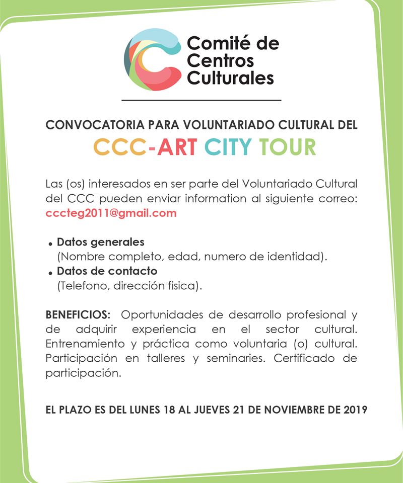 CCCTeg's tweet image. ¿Te interesa ser voluntario del CCC?
Ya se acerca el Art City Tour (domingo 1 de diciembre) y necesitamos voluntarios.
Si tenés disponibilidad el sábado 23 de noviembre de 8 am a 1:30 pm y el domingo 1 de diciembre de 8 am a 6 pm, mandanos un correo como indica la convocatoria.