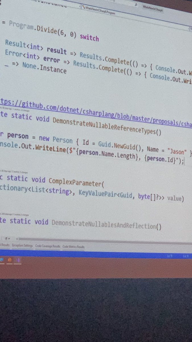 MadTeaHatter11's tweet image. Nullable reference types? Exciting, Cool... and scary all at the same time! #VST18 #Live360 #CSharp8