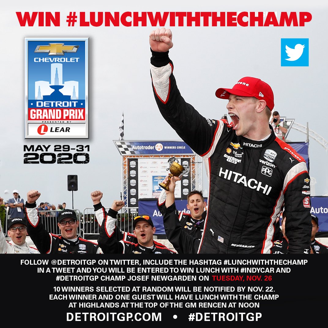 detroitgp's tweet photo. Wanna have lunch with @IndyCar champ @josefnewgarden at one of the coolest new restaurants in #Detroit? Just follow @DetroitGP &amp; tweet using #LunchWithTheChamp for your chance to join Josef high atop the @gmrencen for lunch on Nov. 26 when #DetroitGP tixs go on sale to the world! https://t.co/EKIdyX2IAh