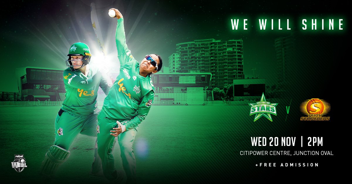 GAME DAY! We're back at the CitiPower Centre today. 🆚 @ScorchersBBL 🏟️ Gates: 9:00am 🏏 Bat flip: 1:15pm ⏰ First ball: 2:00pm 🎟️ FREE ENTRY #WeWillShine 💚 #WBBL05