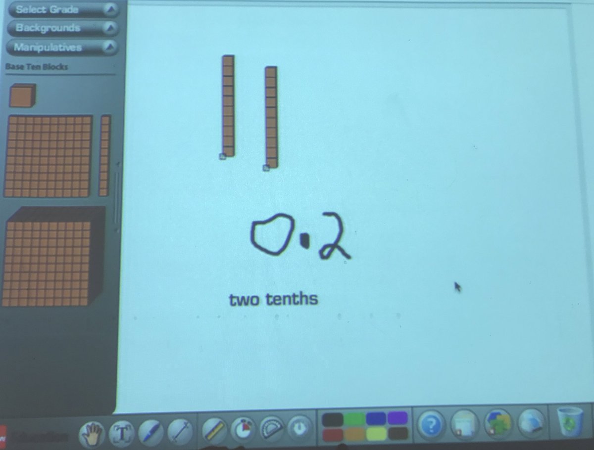 LoriHaeney's tweet image. Working with virtual manipulatives today. Learning how to use base 10 blocks to represent various whole numbers and decimals. #engagemath @MillersGrovePS