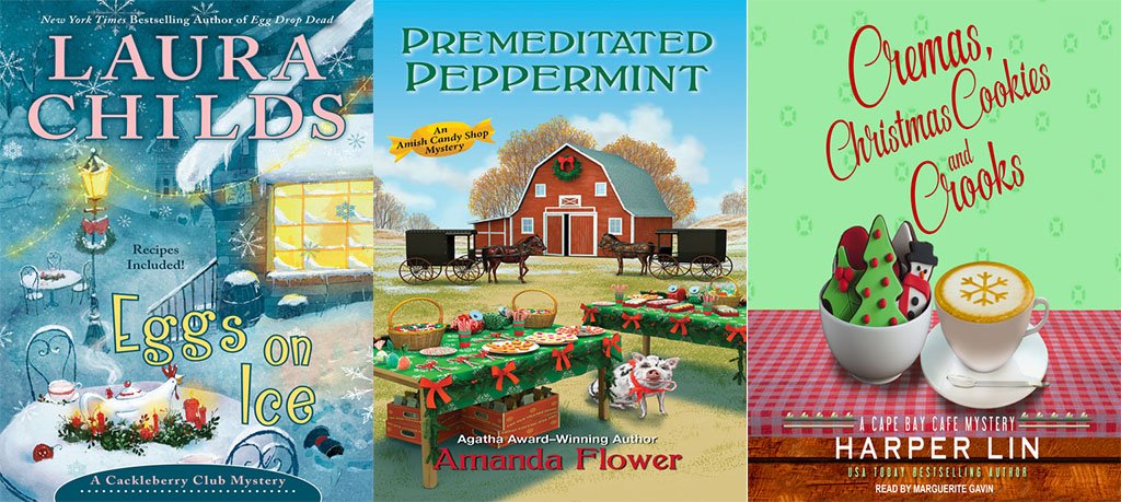 three book cover collage dispalying winter holiday mysteries