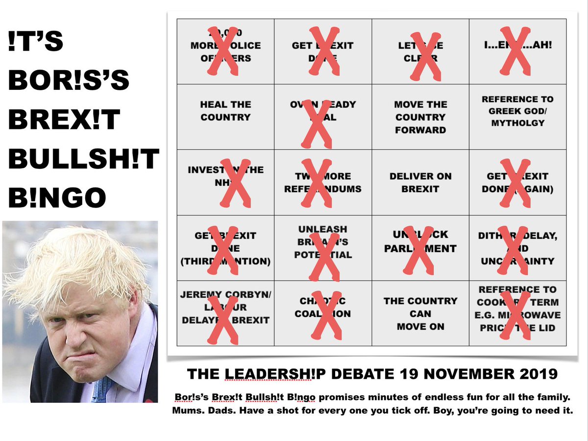 Good luck @joswinson, @NicolaSturgeon and @sianberry  in the #ITVElectionInterviews. Maybe you need to follow #BorisJohnson's strategy of spouting the same old, same old cliches like Get Brexit Done 10 times #BorissBrexitBullshitBingo @LibDems @theSNP @TheGreenParty