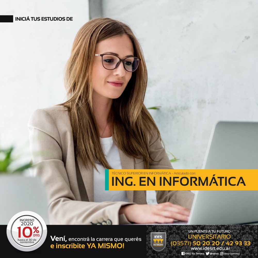 idesrt's tweet image. 🗣️ #INGENIERIA EN #INFORMATICA es una de las carreras del futuro. Estudiá en @idesrt
 y preparate para los tiempos que vienen💻🎛️📚
📲 +5493571528929
💬 Whatsapp: n9.cl/hkj7d
idesrt.edu.ar
#RioTercero #Cordoba #Universidad  #ingreso2020