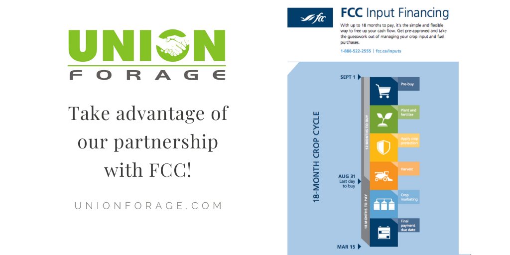 Union Forage (@unionforage) on Twitter photo Purchase your seed before Dec. 31/19 for a 10% discount.
Don't forget to take advantage of our partnership with <a href="/FCCagriculture/">Farm Credit Canada</a> and access their extended terms which let you market your forage or livestock before the payment becomes due. #crops2019 #cattle #CdnAg #agchat Purchase your seed before Dec. 31/19 for a 10% discount.
Don't forget to take advantage of our partnership with <a href="/FCCagriculture/">Farm Credit Canada</a> and access their extended terms which let you market your forage or livestock before the payment becomes due. #crops2019 #cattle #CdnAg #agchat