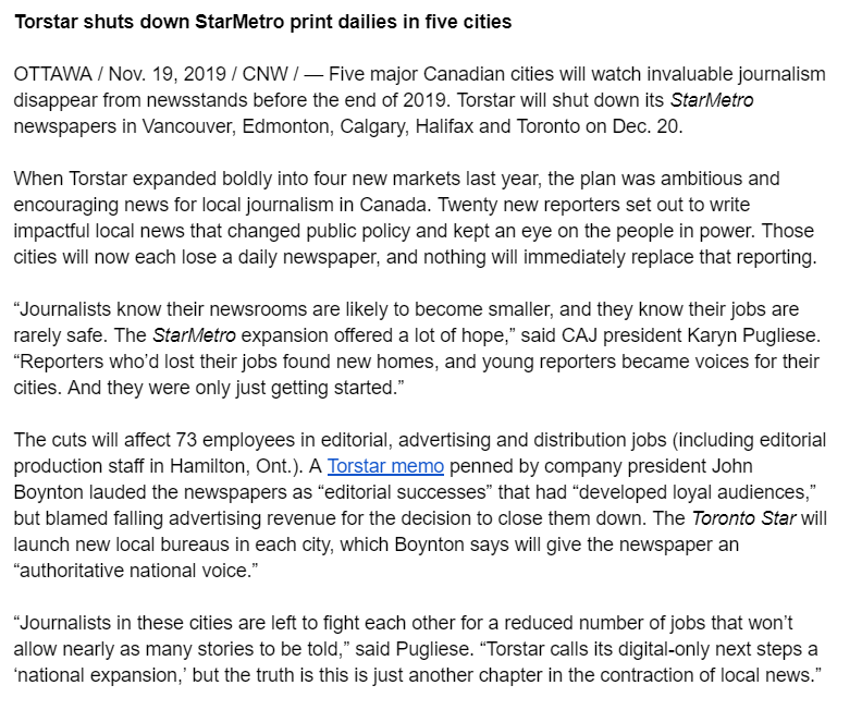 "The StarMetro expansion offered a lot of hope. Reporters who’d lost their jobs found new homes, and young reporters became voices for their cities. And they were only just getting started.”

Our statement on the 73 Torstar journalists who were laid off today.