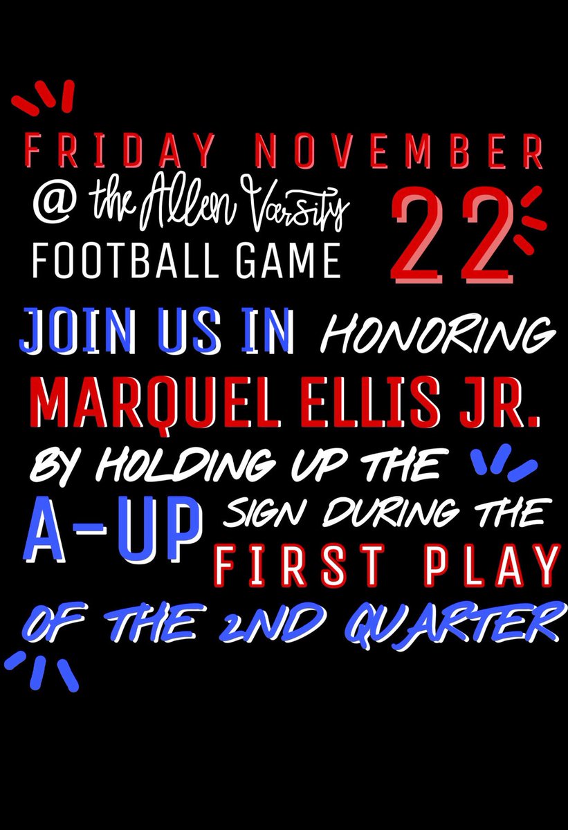 Round 2 vs Rockwall @ AT&amp;T stadium Kickoff is at 8 pm ❗️We need the entire city behind our Eagles! Theme is Navy and Orange to honor Marquel Ellis 🔵🔶 #LLMarquel #AllenU