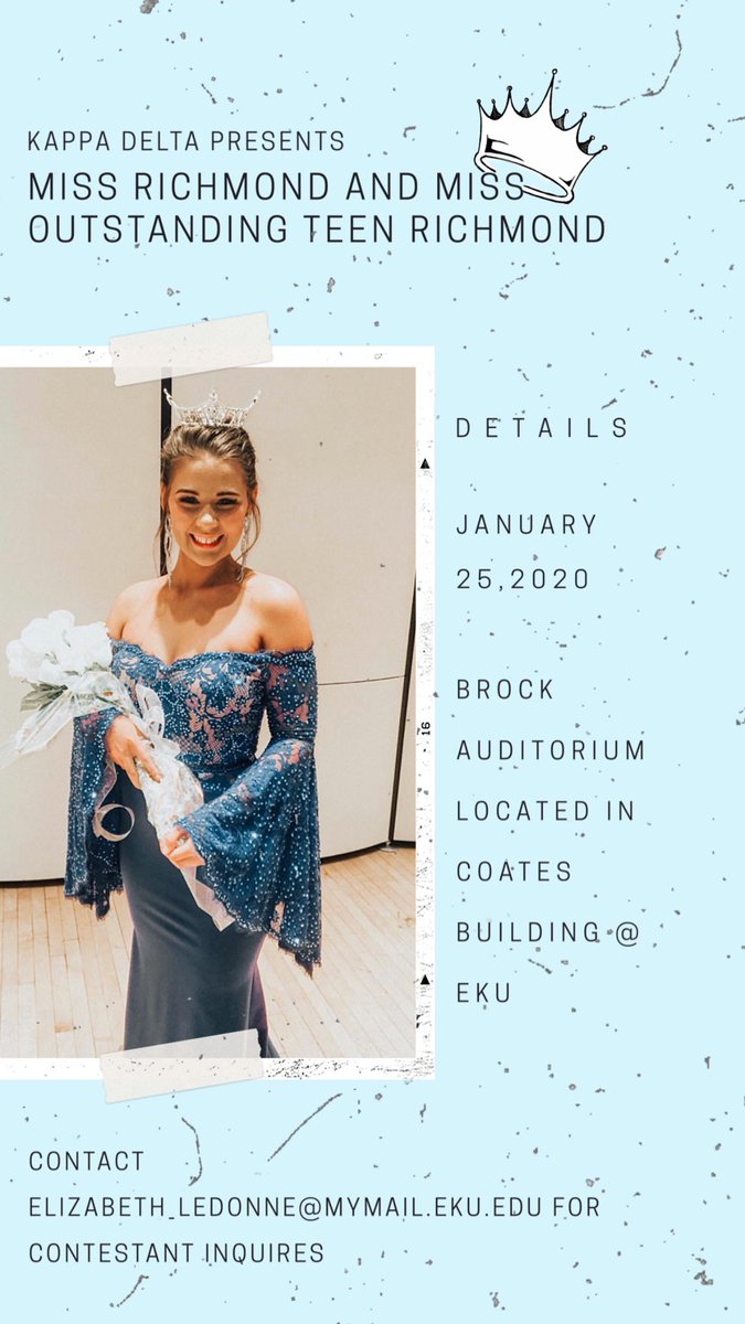 Join us for our Miss Richmond and Miss Outstanding Teen Richmond pageant ✨ want to participate? Email elizabeth_ledonne@mymail.eku.edu to enter!
