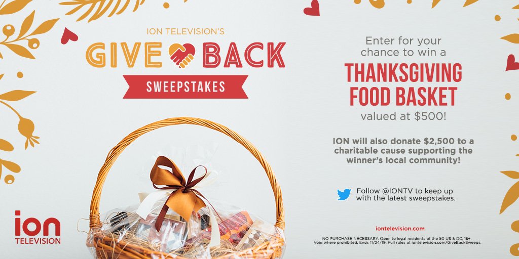 iontv's tweet photo. This year is all about giving back! Enter our #GiveBackSweeps for your chance to win a Thanksgiving food basket valued at $500! ION will also donate $2,500 to a charitable cause near the winner's community! #Entry https://t.co/EIxcuUi1NP https://t.co/CQKzWviWX0