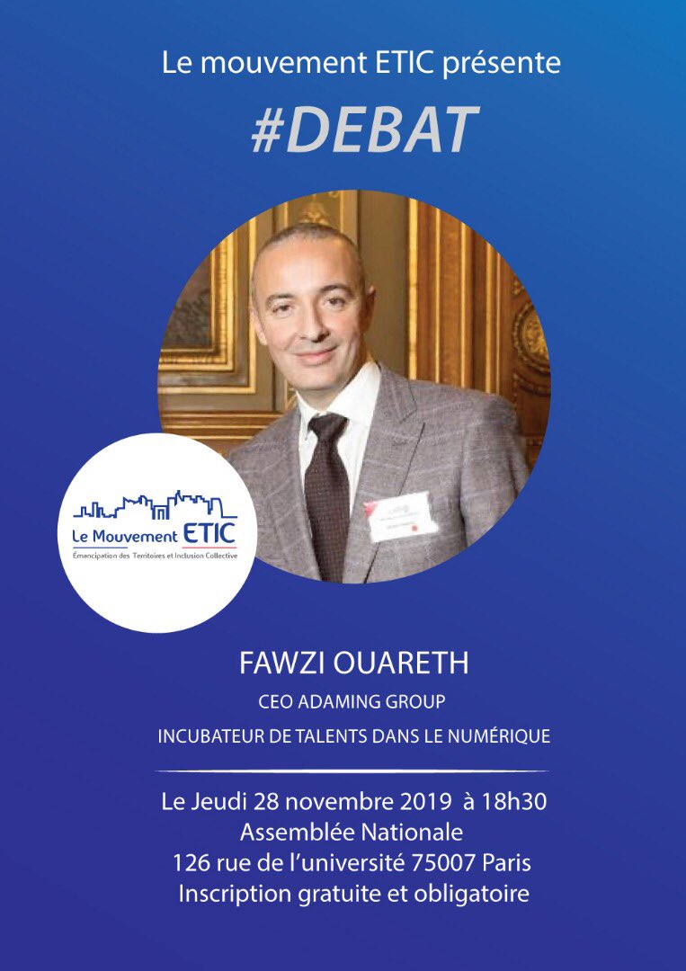 Venez débattre avec <a href="/FawziOuareth/">Fawzi Ouareth</a> , Président du <a href="/GroupeAdaming/">Groupe Adaming</a> 

Entrepreneur à succès, il apportera son regard et ses solutions pour relancer la croissance et relever les défis de demain ! 

Inscription gratuite et obligatoire ici 👇🏻

eventbrite.fr/e/billets-deba…