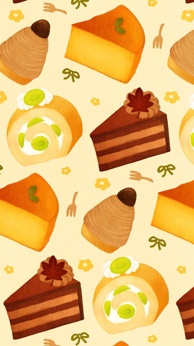 Omiyu お返事遅くなります 秋の季節のケーキ壁紙 チョコレート チーズケーキ モンブラン ロールケーキ カボチャ マスカット ケーキ 秋 イラスト Illust Fall Cakes Autumn