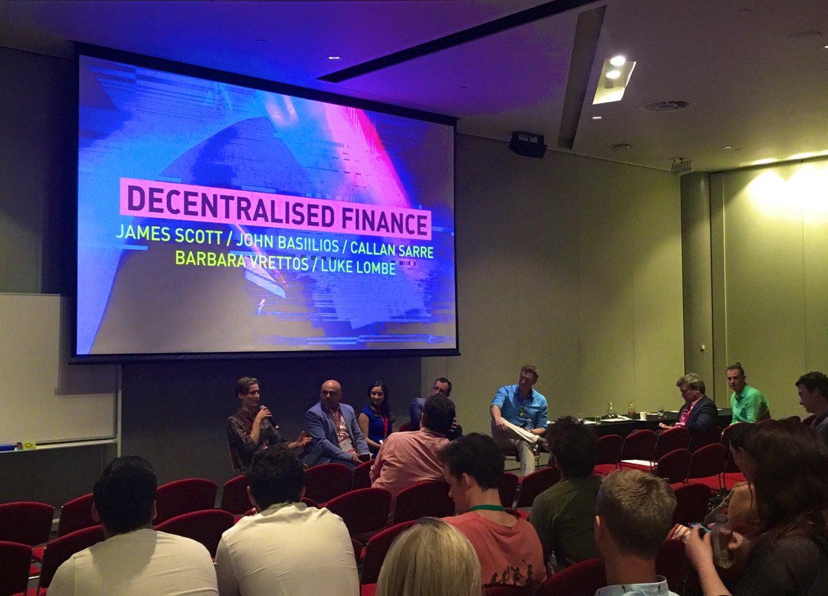 Unpacking the meaning of decentralized finance with panel James Scott, John Basilios, <a href="/callansarre/">Callan</a>, <a href="/BVrettos/">Barbara Vrettos</a> and @LombeLuke #SouthStart19 💰