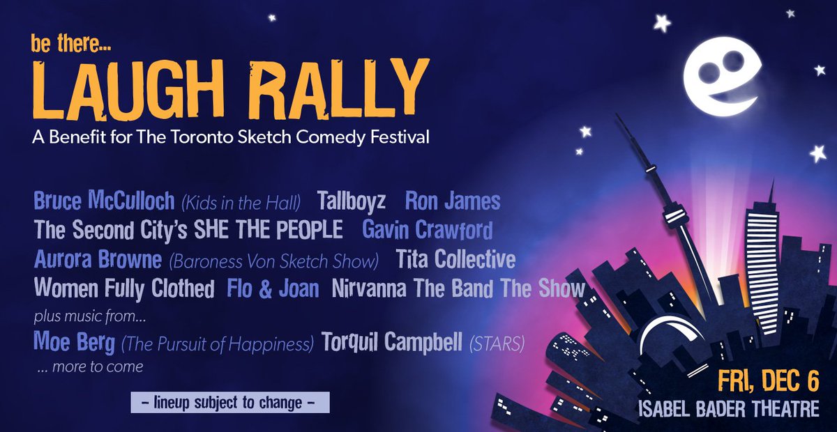 Dec 6th – LAUGH RALLY: A Benefit for #TOsketchfest. Once-in-a-lifetime benefit show for Toronto's longest-running comedy festival. We need your help today... and dig this lineup!

Get Your Tickets NOW: bit.ly/LaughRallyTix

#LaughRally #TOsketchfest20 #FifteenForward