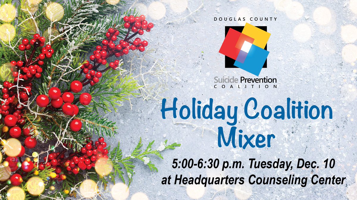Our Holiday Mixer is open to anyone interested in working collaboratively to prevent suicide in Douglas County! It's 5-6:30 p.m. Dec. 10 at @HQCC_KS! Free food! Meet board members.
@bertnashcenter <a href="/DCCCAInc/">DCCCA</a>
<a href="/usd497/">Lawrence USD 497</a> <a href="/douglascountyks/">Douglas County, KS</a>
<a href="/lawrenceks/">City of Lawrence KS</a> <a href="/WillowDVCenter/">Willow DV Center</a> <a href="/lmhorg/">LMH Health</a> <a href="/LDCHEALTH/">Lawrence-Douglas County Public Health</a>