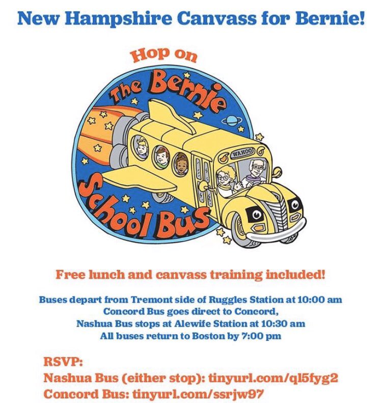 MA4Bernie2020's tweet photo. Our next busing event to canvass in New Hampshire is set for December 7! The buses leave from the Tremont St side of Ruggles Station at 10 AM and Alewife at 10:30 AM. Details and sign up links below in thread. #northeasternuniversity #ma4bernie2020 #bostonforbernie #notmeus https://t.co/3vTY6Kff2V