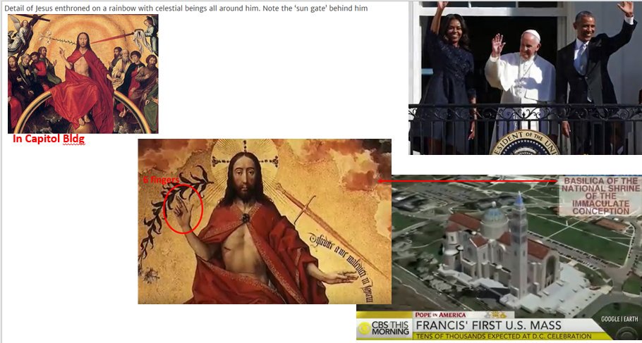 Or the reference to cardinal directions when referring to a temp1e. The depiction of Jesus in the capital bldg. resembles the one at the Bas!l!ca in Wash. Yeah that one, with 6 fingers. Thinking its not so much Jesus, but something else.