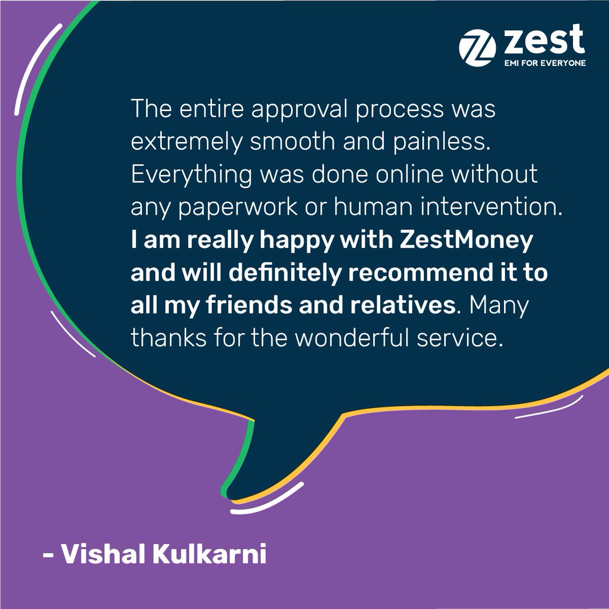 ZestMoney's tweet image. We’re glad your experience with us was an enjoyable one, Mr. Vishal. We look forward to more such interactions with you! 

#CustomerSpeak #UserLove #Testimonial #HappyCustomers #Review
zestmoney.in
