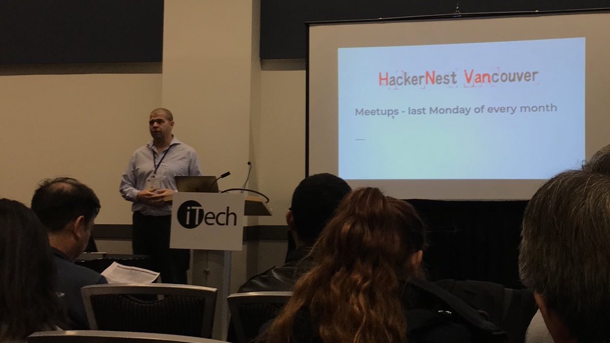 HackerNestVAN's tweet photo. Our talk today rocked socks (patent pending)! Awesome attendance and a great crowd who asked wicked questions. #itech #itechvan #hackernest #hackernestvan https://t.co/drxruirbW9