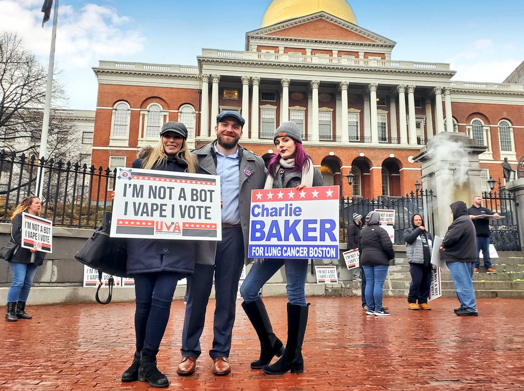 KaraKryptonite's tweet photo. Hello @CharlieBakerMA, we came here today to tell you #WEVAPEWEVOTE and we aren't stopping until JUSTICE is served! 🇺🇸 The vape industry is paving the way to a smoke-free future... Your state has benefitted off of the BLOOD MONEY of cigarette revenue for TOO long 😡 #WeThePeople https://t.co/Rd3KRpbtW6