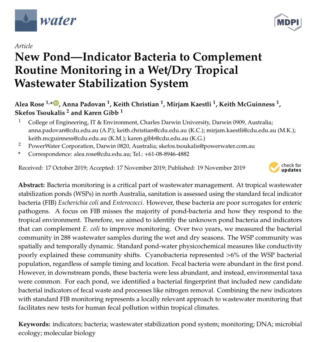 AleaRose5's tweet photo. Our paper is out! #mdpiwater New Pond-Indicator Bacteria to Complement Routine Monitoring in a Wet/Dry Tropical Wastewater Stabilization System https://t.co/bxkhtNmPzQ @Water_MDPI @skefos @PowerWaterCorp @RIELresearch @CDUni @CDUmedia https://t.co/moLNtmzsJx