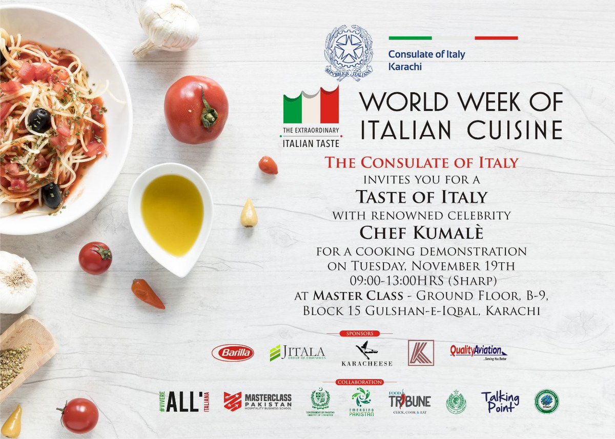 ItalyinKarachi's tweet photo. For the second day of the Italian Cuisine Week, Chef Kumalè conducted a workshop with culinary students at "Master Class Pakistan", teaching traditional regional Italian recipes from Tuscany, Campania and Piedmont.
#ItalianTaste2019
@ItalyMFA
#MasterClassPakistan https://t.co/kKA5fOuMdQ
