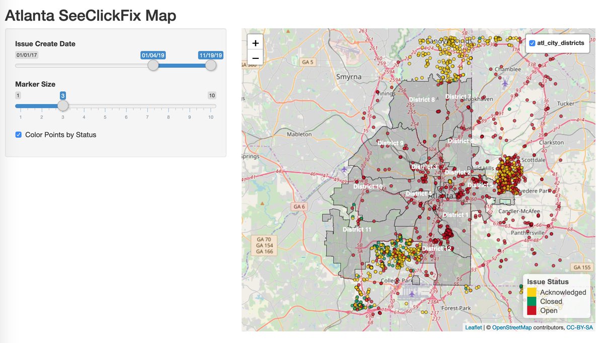 BrentBrewington's tweet image. Check out the updated map of #SeeClickFix issue requests within-ish Atlanta perimeter - made with R (tidyverse) / Shiny / Leaflet - issue data updated 2019-11-19 brentbrewington.shinyapps.io/shiny-app-issu… #rstats #leaflet #gis #shinyapp #tidyverse