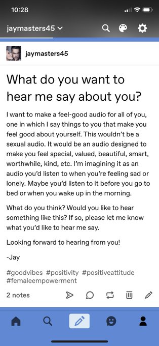 I want to make a feel-good audio for all of you, one that makes you feel special, valued, beautiful,<a href="/tag/goodvibes"class="tags"><span>#goodvibes</span></a><a href="/tag/positivity"class="tags"><span>#positivity</span></a><a href="/tag/feelgood"class="tags"><span>#feelgood</span></a>