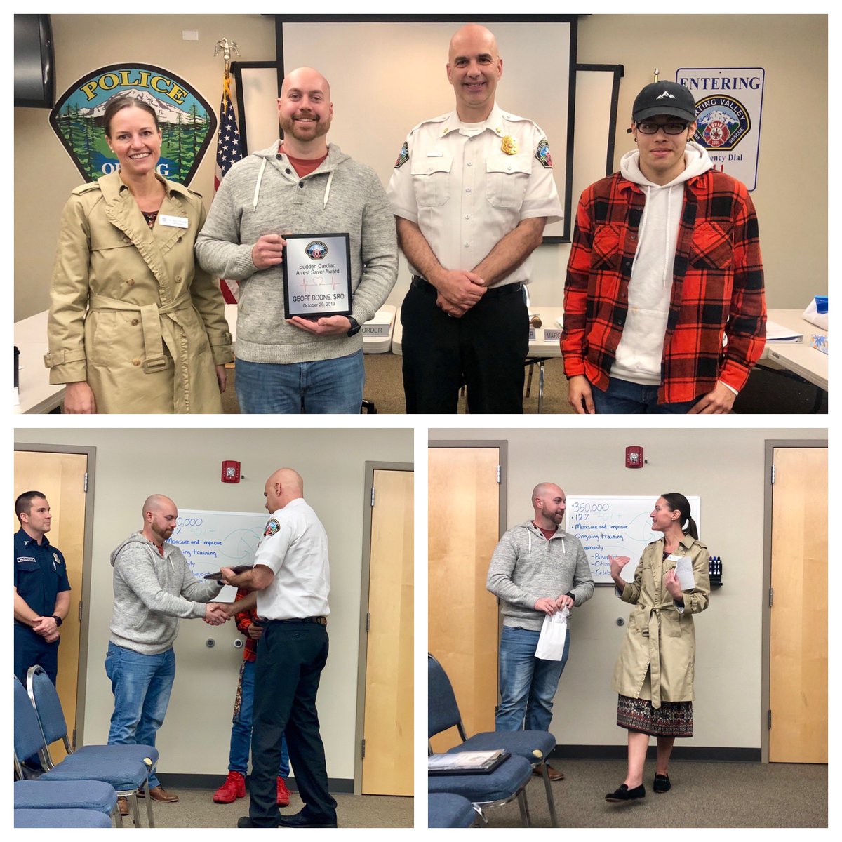 MarciShepard's tweet photo. This was a night to celebrate a true #OrtingSD hero! The world’s best #SRO, Officer Boone, was recognized by @PCFD18 for his swift response to resuscitate a student and I presented him with the @OrtingSchools #CharacterHero award. #OrtingCares https://t.co/048mcJBngc