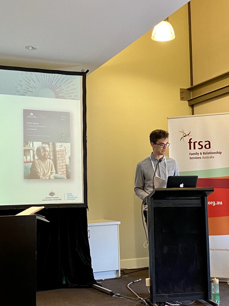 Great to have Adam Dean from Australian Instutite of @FamilyStudies talking about #ElderAbuse and the emerging evidence, current initiatives and policy frameworks that aim to better address the issue. @FRSAust #FRSA2019