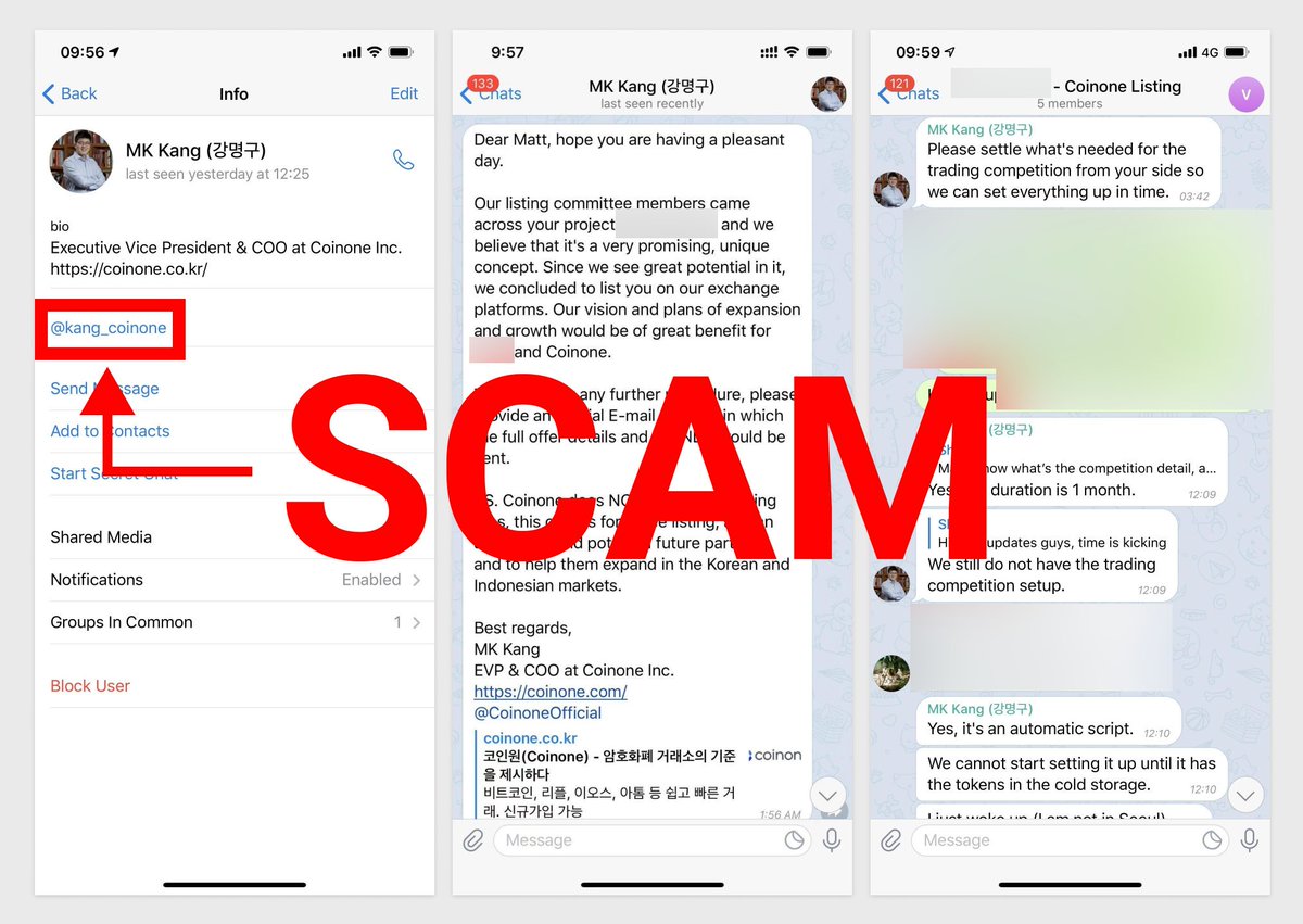 🚨ALERT 🚨

Please attention all the blockchain projects. 
Do not send your tokens to scamming accounts.

Refer to the photos attached and be careful with the scamming account.

This is the official channel to our listing team.
✉️listing@coinone.com
✉️ business@coinone.com
