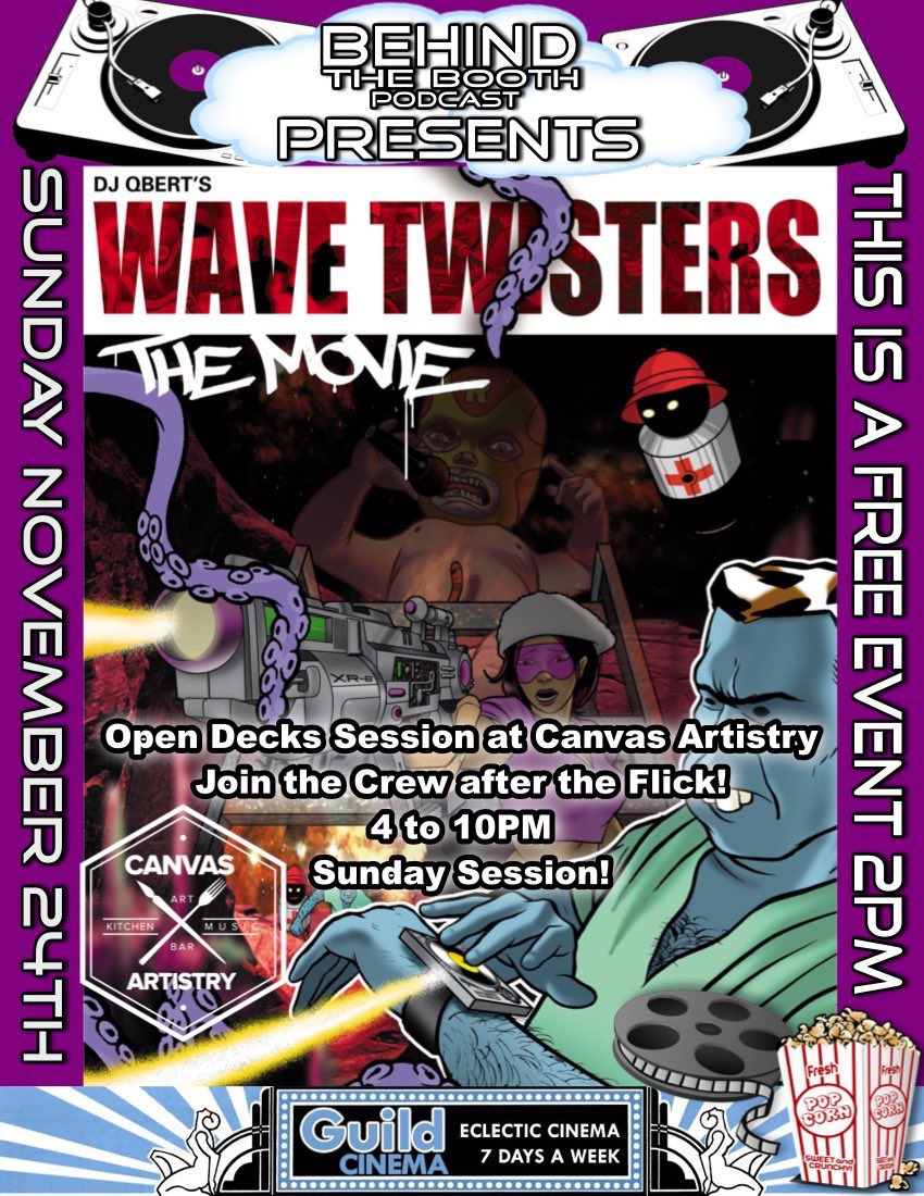 This Sunday! Wave Twisters followed by an Open Decks Session! Join the crew from Behind The Booth Podcast! #wavetwisters #djqbert #Albuquerque #nobhill #canvasartistry #dj