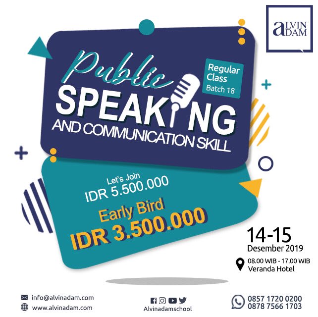 AlvinAdamSchool's tweet image. JOIN OUR REGULAR PUBLIC SPEAKING CLASS, and COMMUNICATION SKILL, NOW!
Dapatkan Harga Special untuk 5 Pendaftar Pertama.

bit.ly/alvinadam
Pelatihan Public Speaking di Alvin Adam School of Communication
alvinadam.com/download

#alvinadam #regularclass #public #speaking