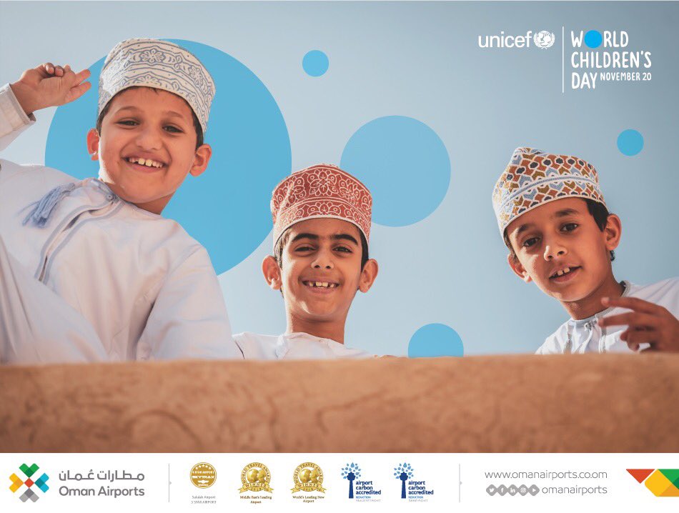 This #WorldChildrenDay, we are joining forces with <a href="/UNICEFOman/">UNICEF Oman اليونيسف</a> and going blue! Today is a global day of action "for children, by children"
aiming to raise awareness of the rights of children in Oman and around the globe. Join us! 😍

#GoBlue
#Oman4EveryChild
#OmanAirportsInBlue