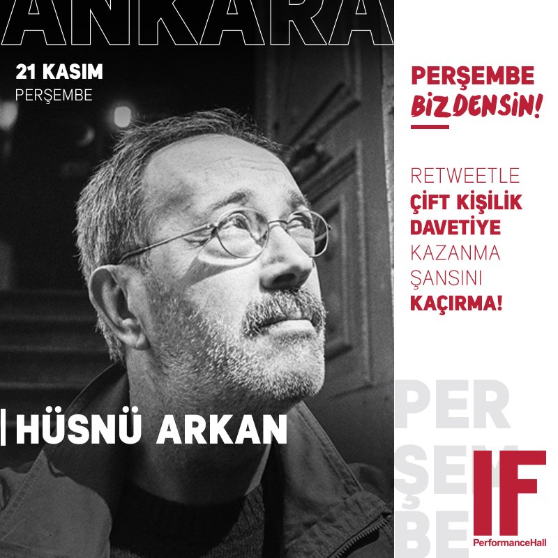 Bu iletiyi RT’leyenler arasından 2 takipçimiz yarın akşamki "Hüsnü Arkan" konserine çift kişilik ücretsiz giriş kazanacaklar...