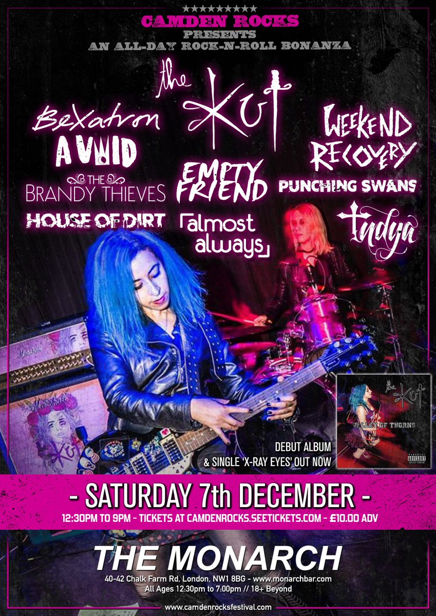 The Kut (@thekutgirlsrock) on Twitter photo COMING UP 🔥🔥 Don't miss The Kut's headline gig at <a href="/CamdenRocksFest/">Camden Rocks Fest</a> #Presents All-Dayer x <a href="/camdenmonarch/">The Monarch</a> on 7th Dec!
Want to be on our £7 cheap list? Reply to this tweet 🤘⚡️
Check out the new video for X-Ray Eyes ➡️➡️➡️
smarturl.it/XRayEyes COMING UP 🔥🔥 Don't miss The Kut's headline gig at <a href="/CamdenRocksFest/">Camden Rocks Fest</a> #Presents All-Dayer x <a href="/camdenmonarch/">The Monarch</a> on 7th Dec!
Want to be on our £7 cheap list? Reply to this tweet 🤘⚡️
Check out the new video for X-Ray Eyes ➡️➡️➡️
smarturl.it/XRayEyes