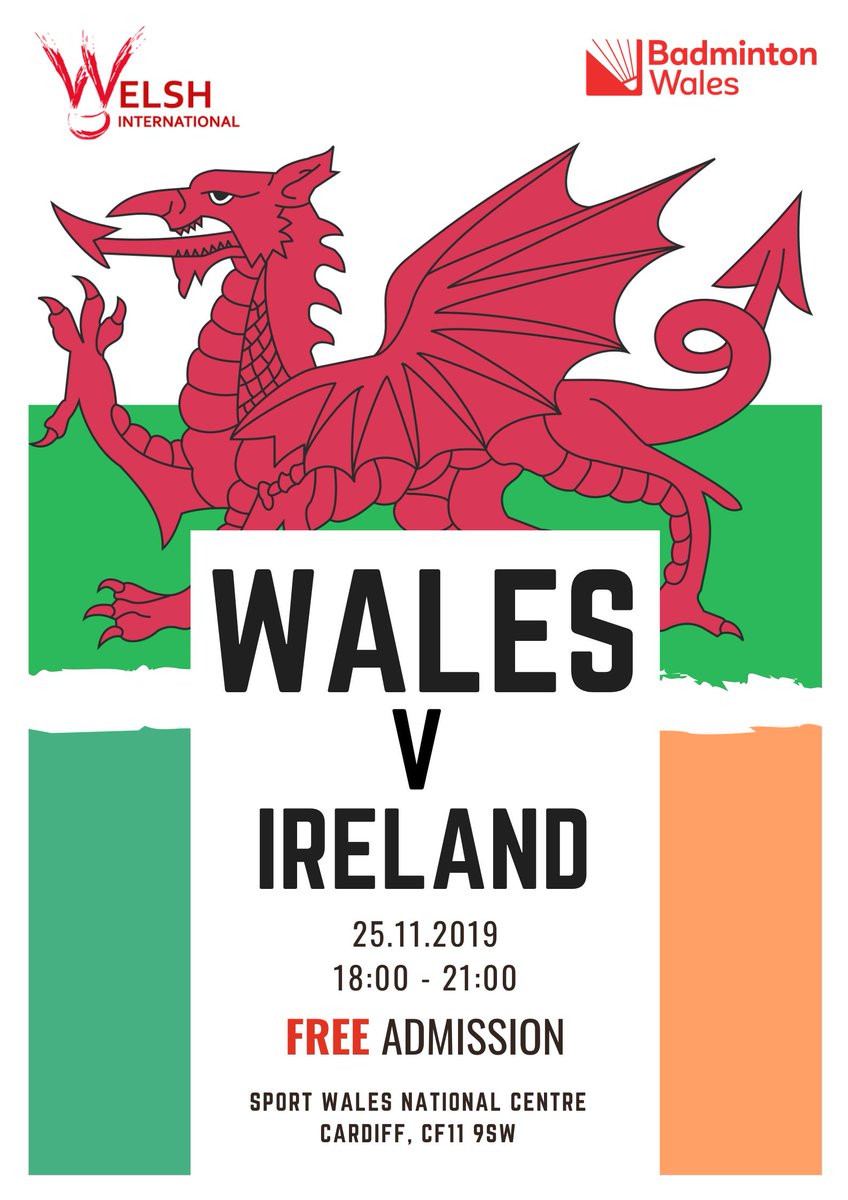 EVENT | On Monday 25th, Wales will take on Ireland in an International match to mark the beginning of the <a href="/victor_sport/">VICTOR Sport</a> Welsh International Badminton Championships week. The event will be held at <a href="/sportwalesNC/">Sport Wales National Centre</a> and we'd love to see you there! #TimeToRise #WINT2019 🔥🏴󠁧󠁢󠁷󠁬󠁳󠁿