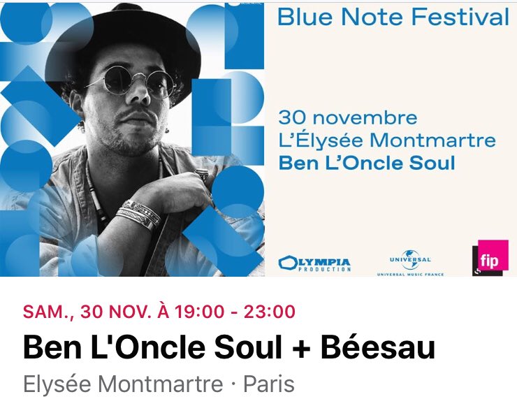BeesauRemy's tweet photo. J’ai la chance de jouer en 1ère partie de #BenLoncleSoul le 30/11 à @elyseemofficiel dans le cadre du #BlueNoteFestival.
Trop content 🤘🤘❤️❤️ https://t.co/SSFsaXrMZF