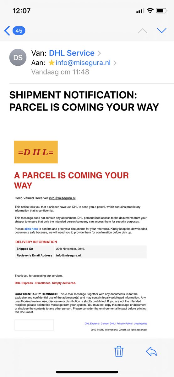 #DHLscam let op: frauduleuze mail van @DHLNL #DHL gebruik de link niet! Boeven zijn het 🤮
