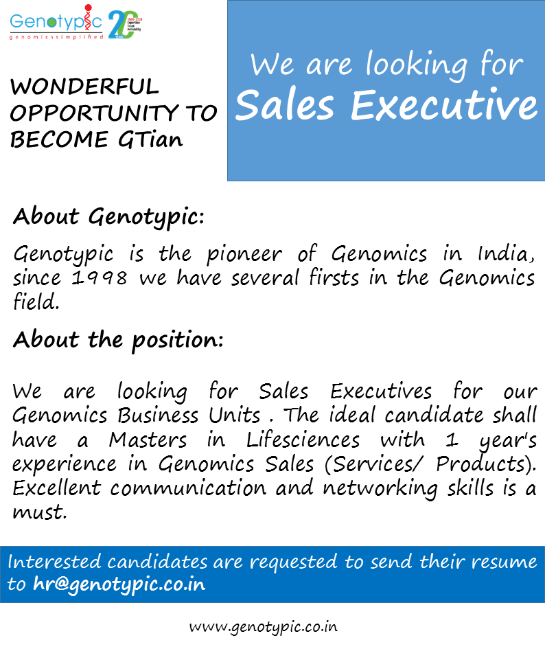 GenotypicTech's tweet photo. Vacancy at India's first Genomics Company: Sales Executive
Interested candidates are requested to send their resume to hr@genotypic.co.in
#genotypictechnology https://t.co/KmsBwqUIgO